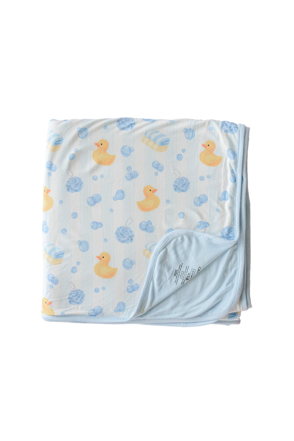 Folded blue Bubble Duckies double-sided bamboo blanket flat lay showing yellow rubber duck and blue bubble print