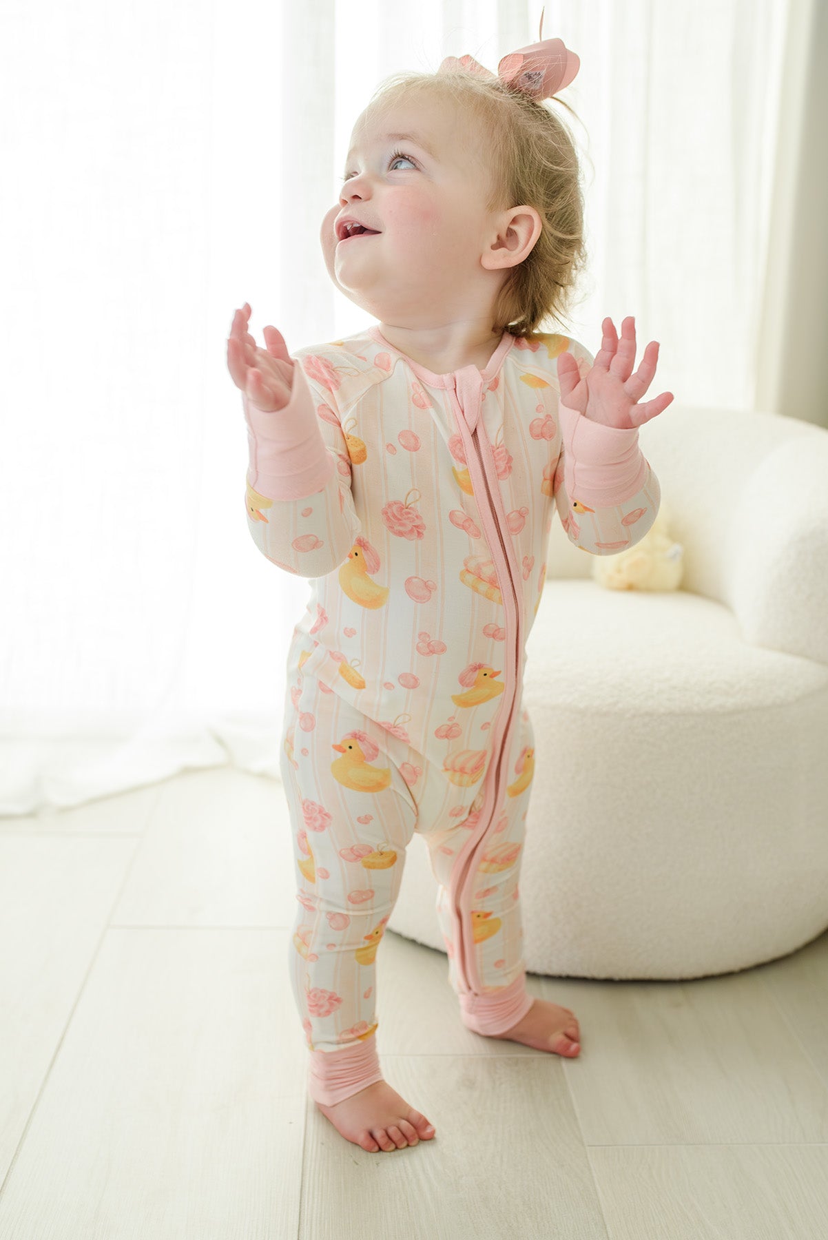 Convertible Bamboo Zip Romper | Bubble Duckies Pink