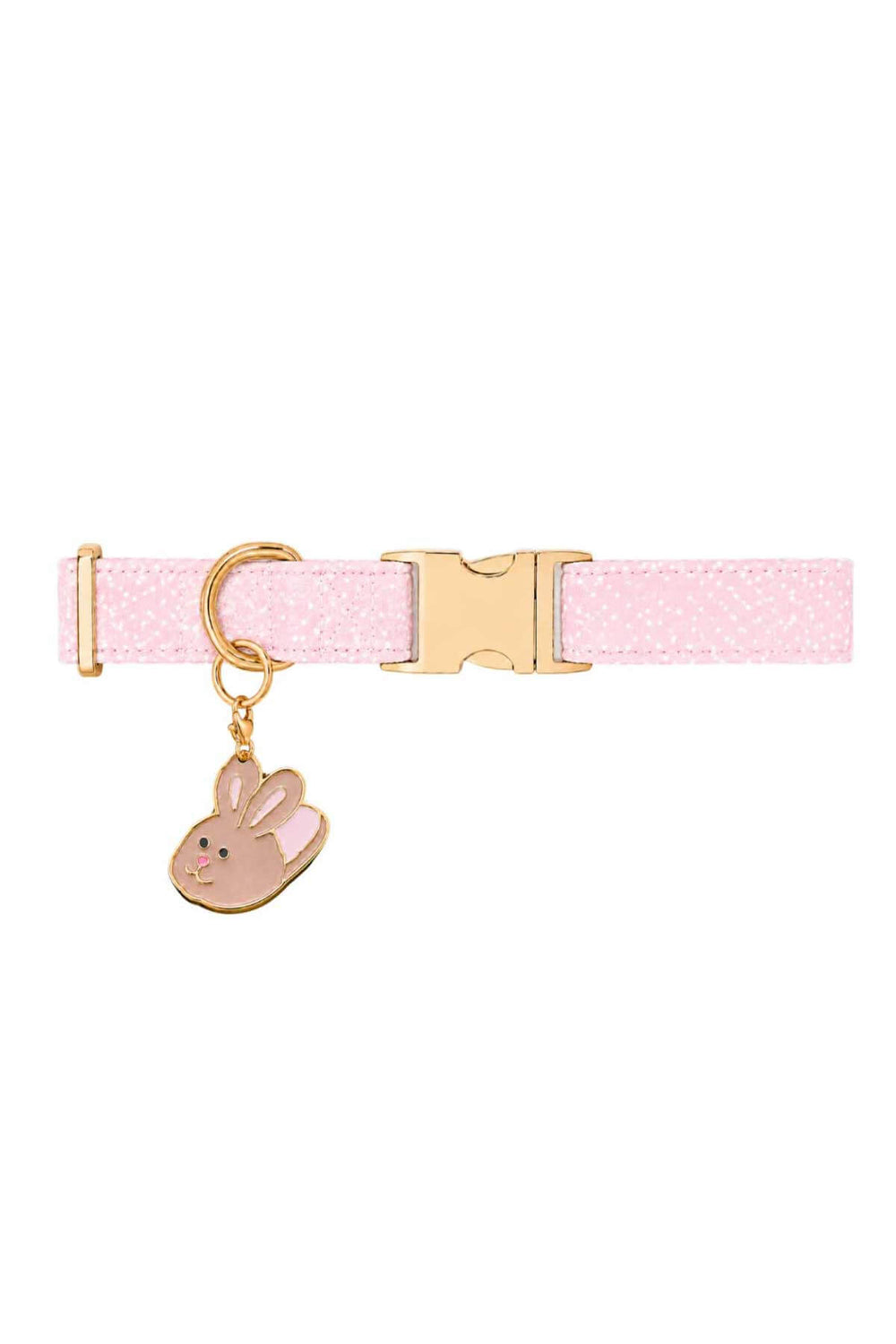Pink pet collar with a pink enamel bunny slipper charm attached, shown on white background