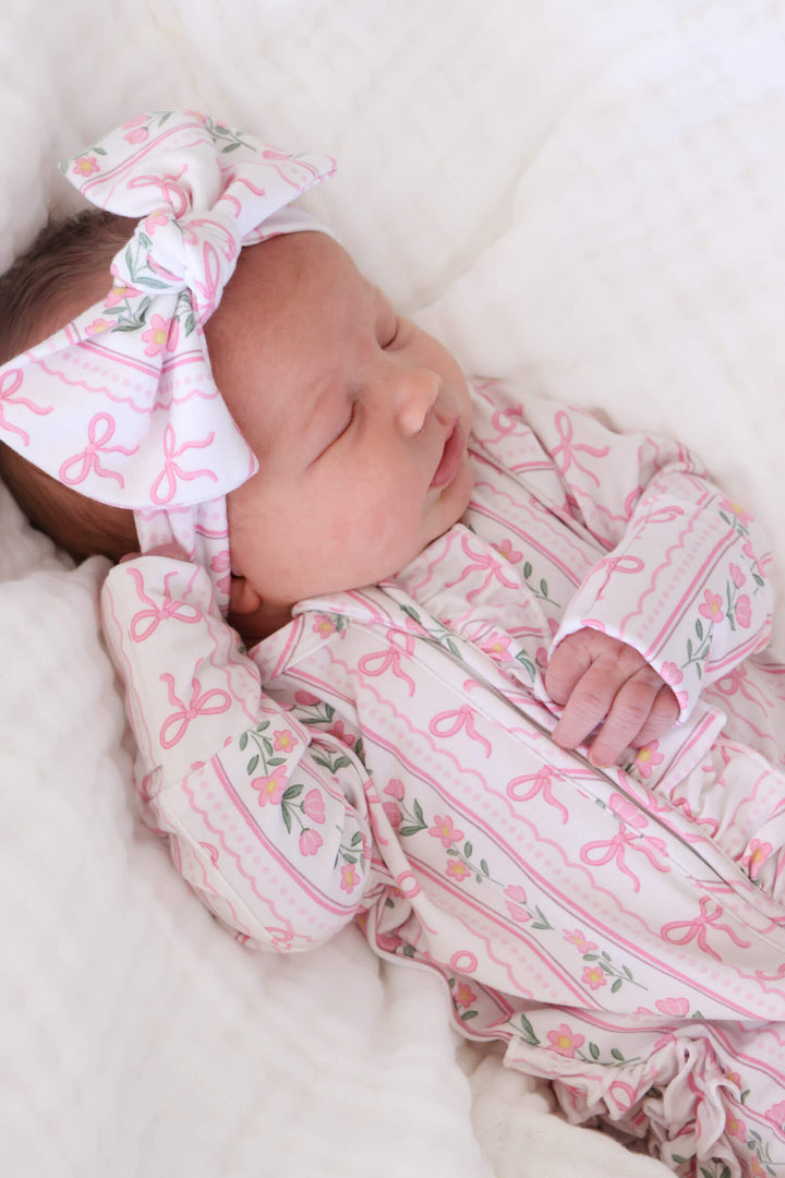 caden lane knit large bow headwrap in coquette garden floral print