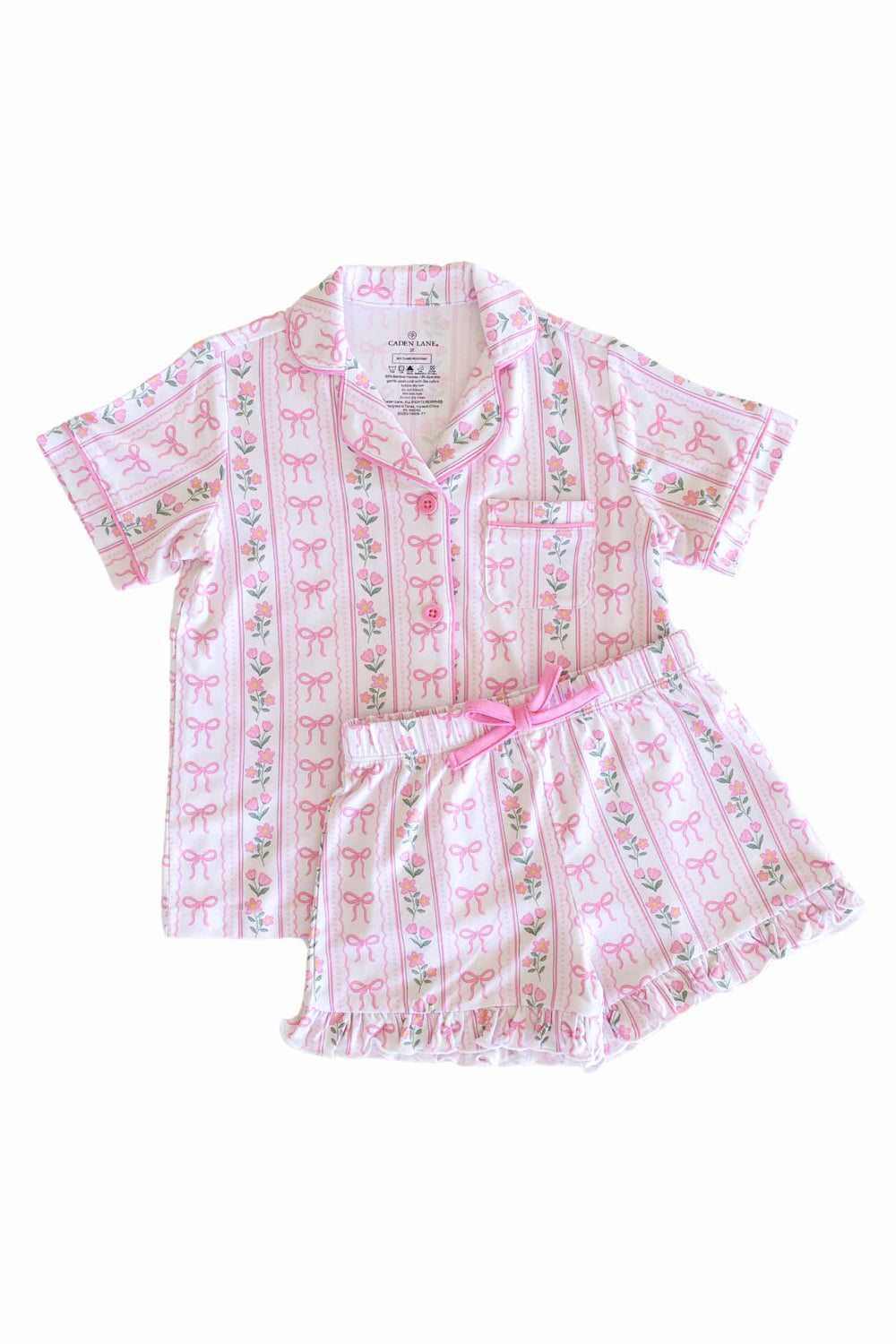 girl's bamboo two piece short lounge set with bows and flowers print