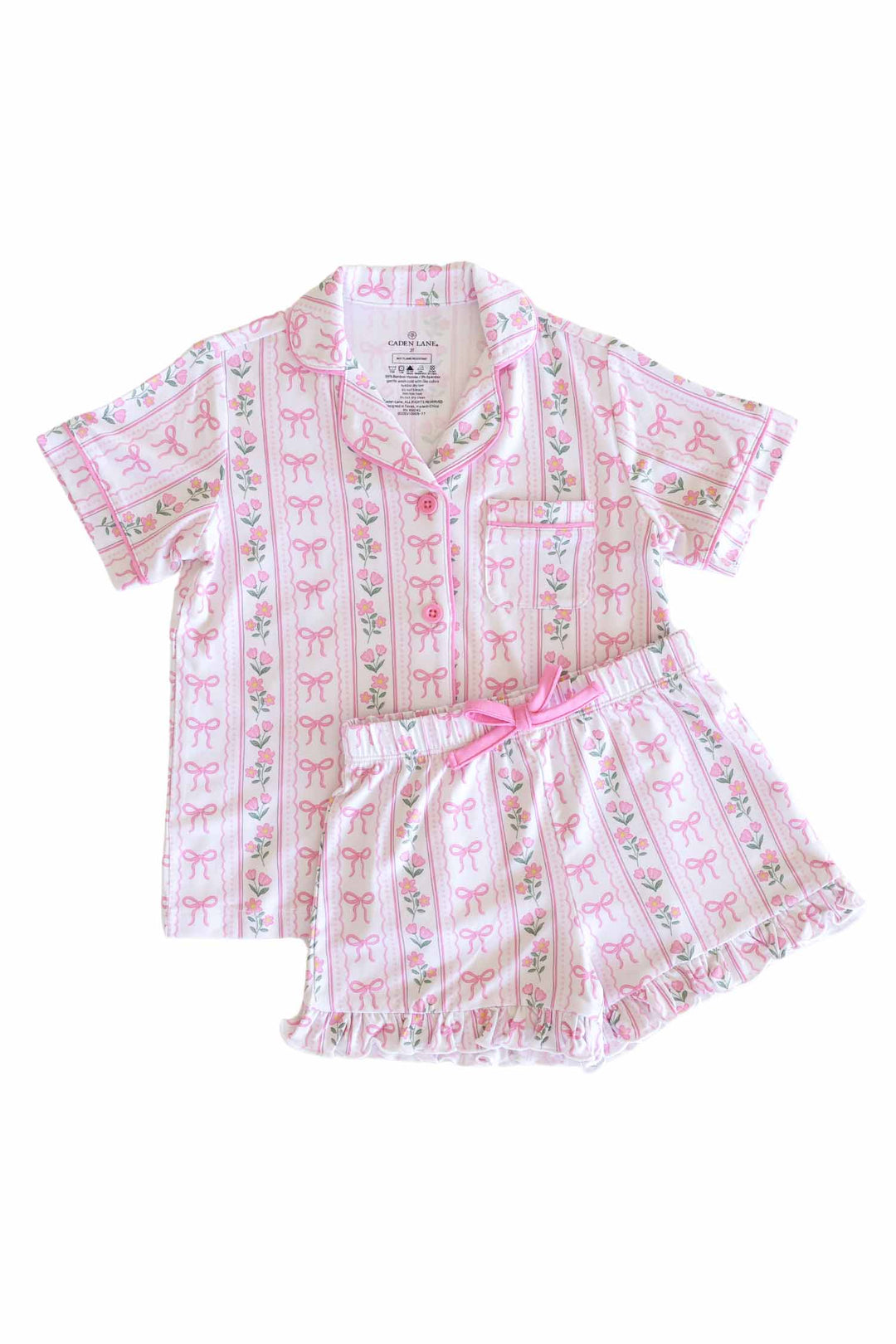 girl's bamboo two piece short lounge set with bows and flowers print