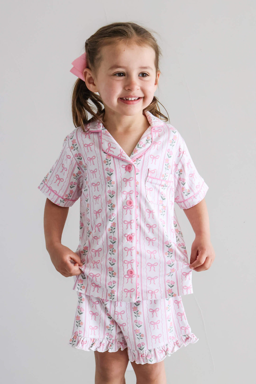 soft girl's bamboo two piece short lounge set with coquette garden floral print