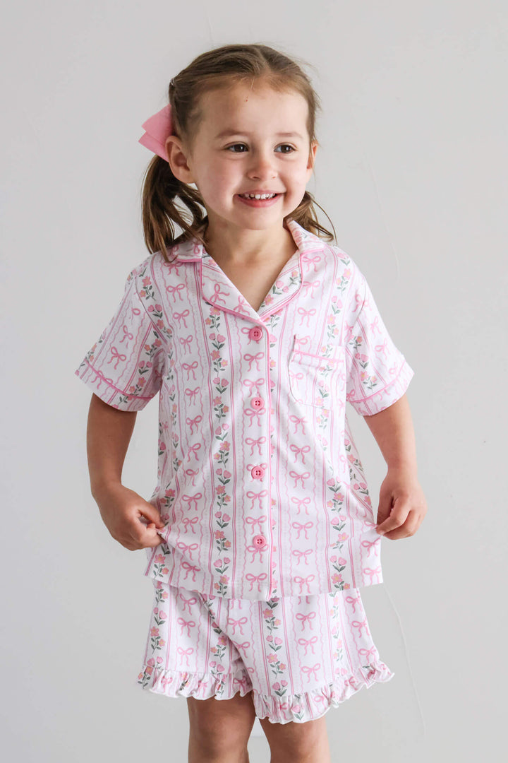 soft girl's bamboo two piece short lounge set with coquette garden floral print