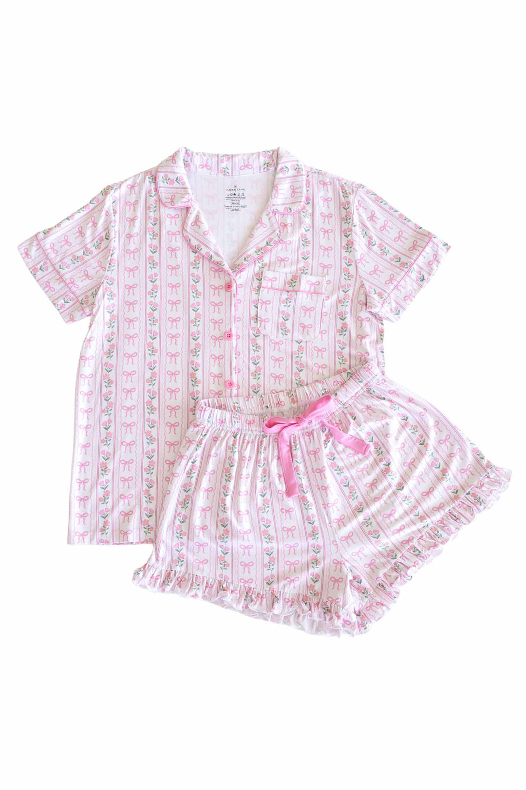 women's bamboo two piece short lounge set with bows and flowers print