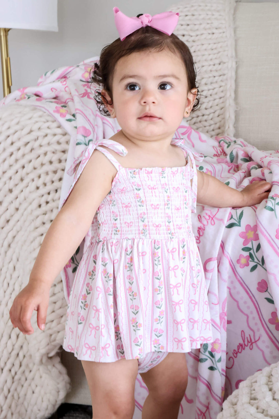 caden lane smocked twirl bodysuit coquette garden print - bows and flowers for babies