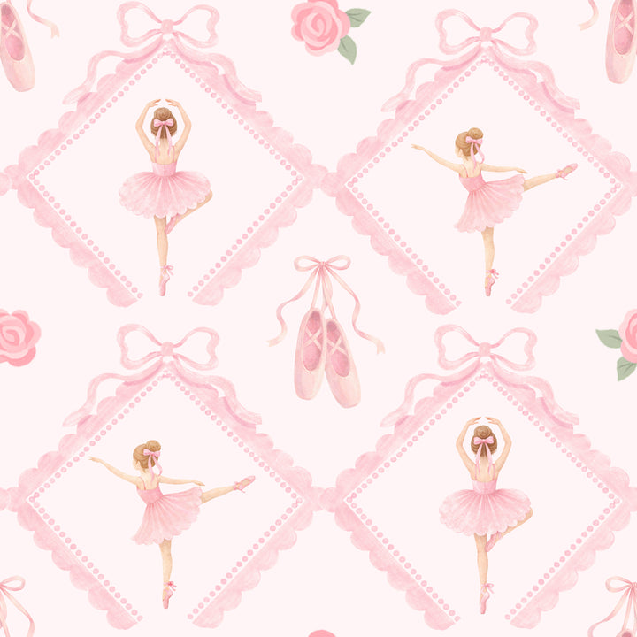 Pattern of ballerina illustrations, ballet shoes, and bows on a white background.
