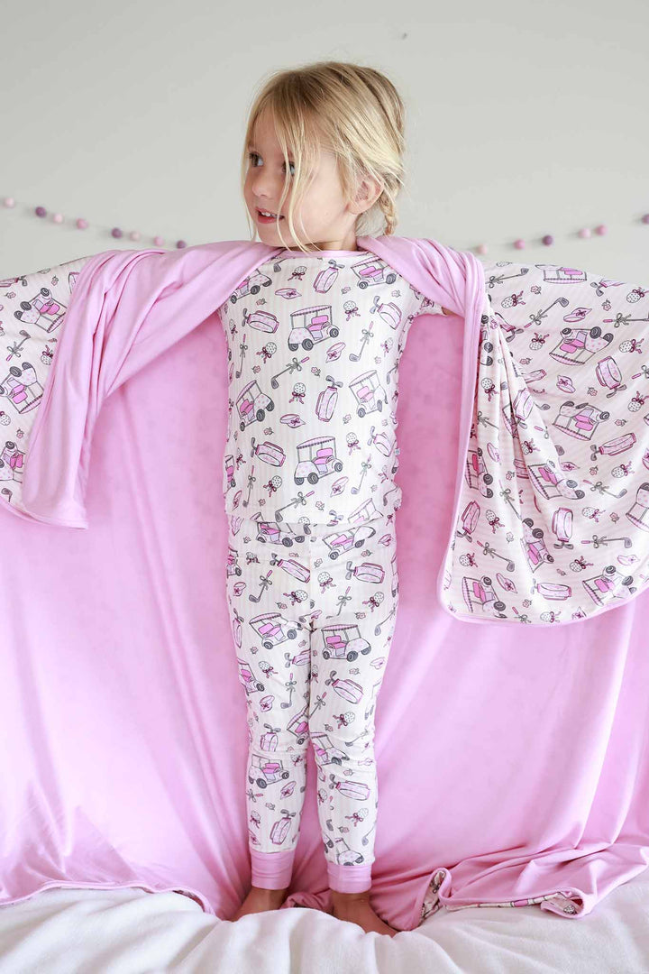 caddie crew pink two piece pajama set with double sided bamboo blanket for girls 