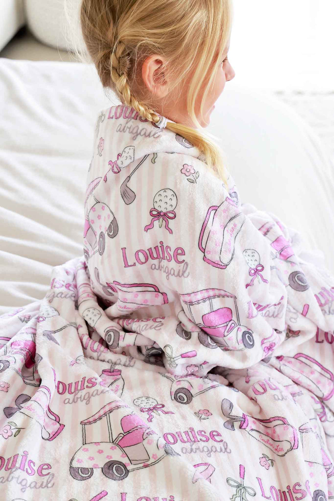 golf personalized kids blanket in pink, caddie crew, flat lay