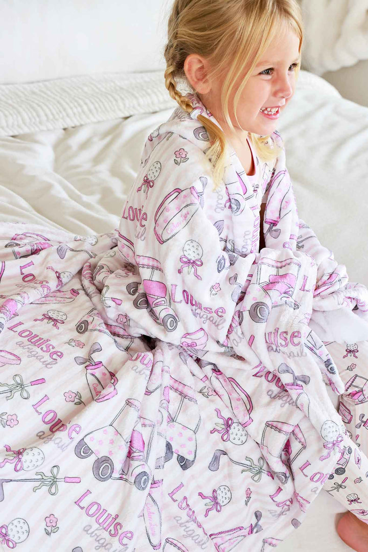 golf personalized kids blanket in pink, caddie crew, styled