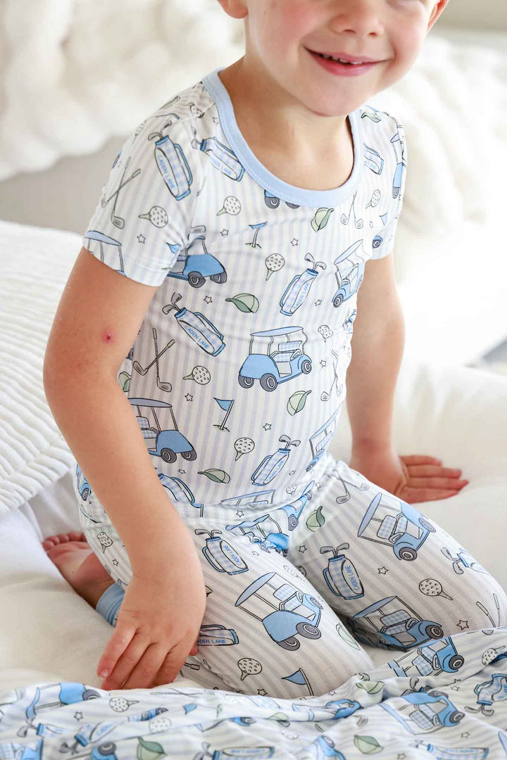 caddie crew blue two piece pajama set with short sleeves and pants