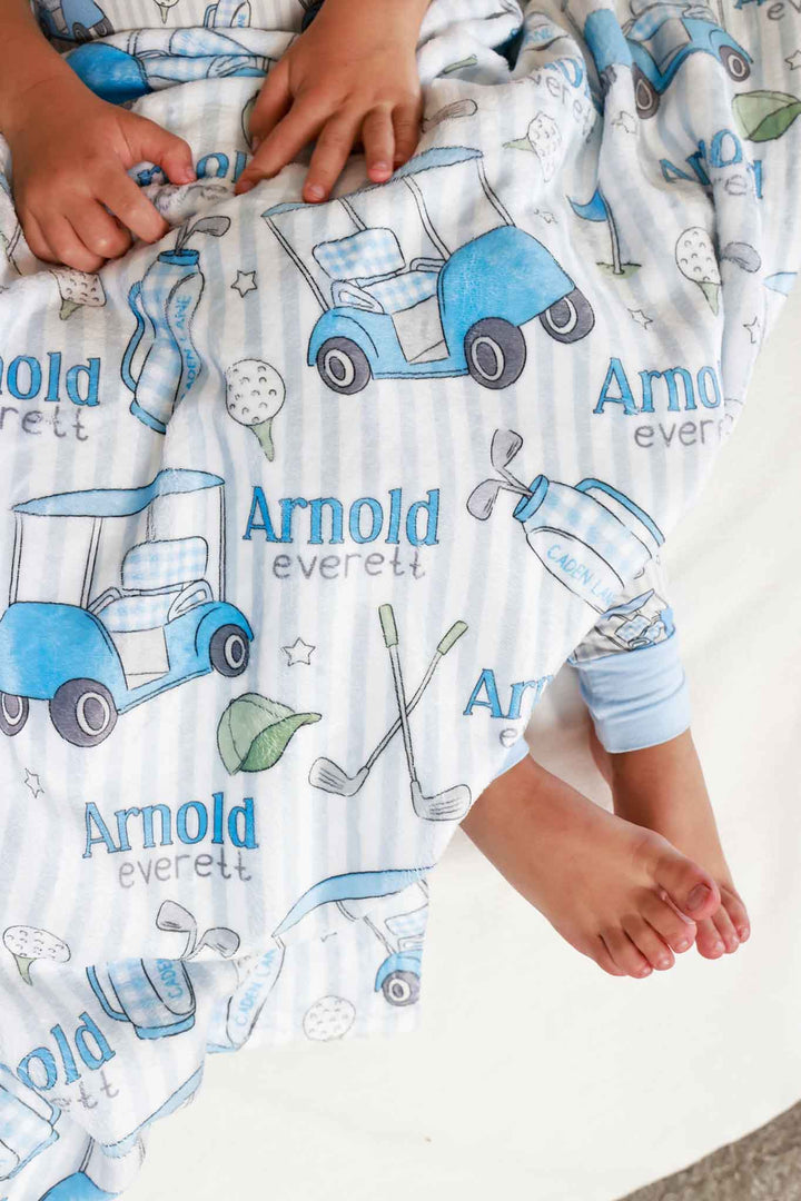 golf personalized kids blanket in blue, caddie crew, styled