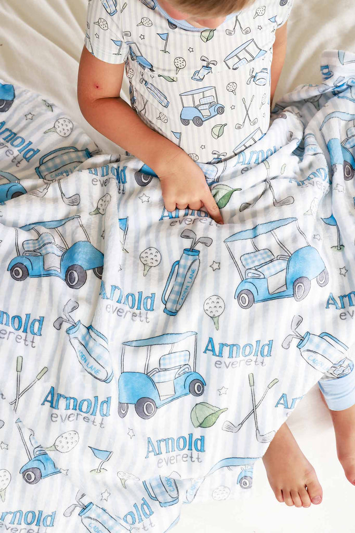 golf personalized kids blanket in blue, caddie crew, detail