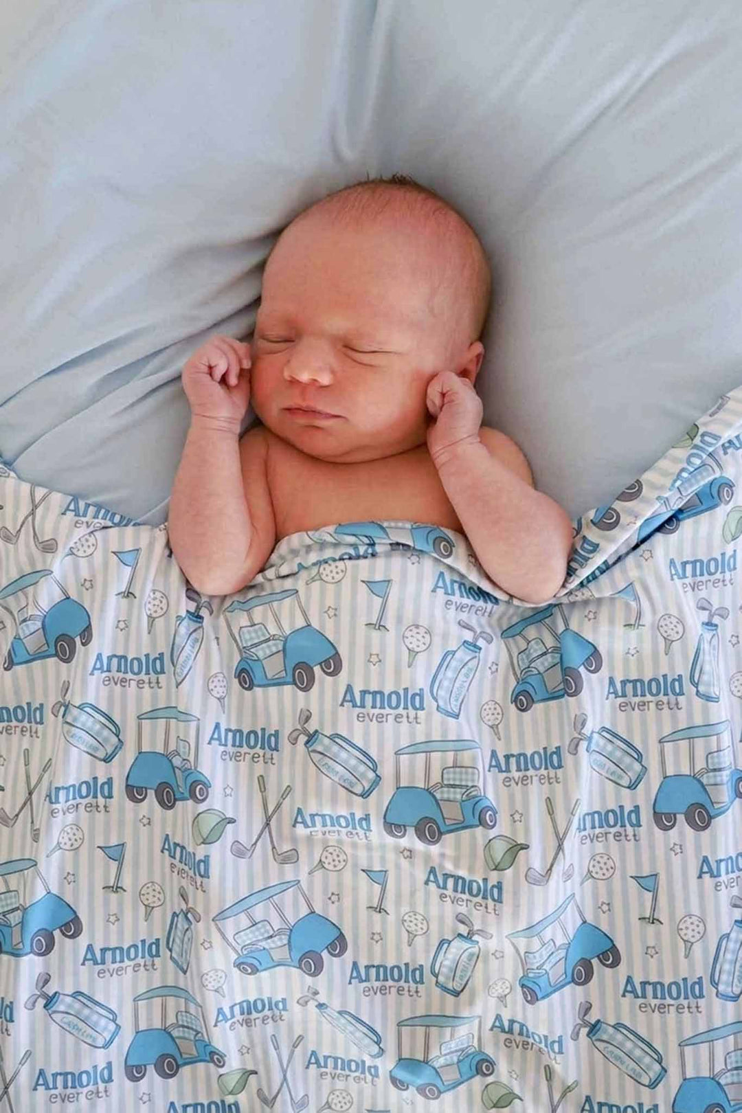golf personalized swaddle blanket in blue, caddie crew, flat lay