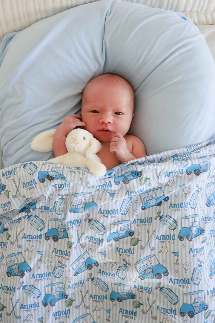 golf caddie crew blue personalized swaddle blanket, styled