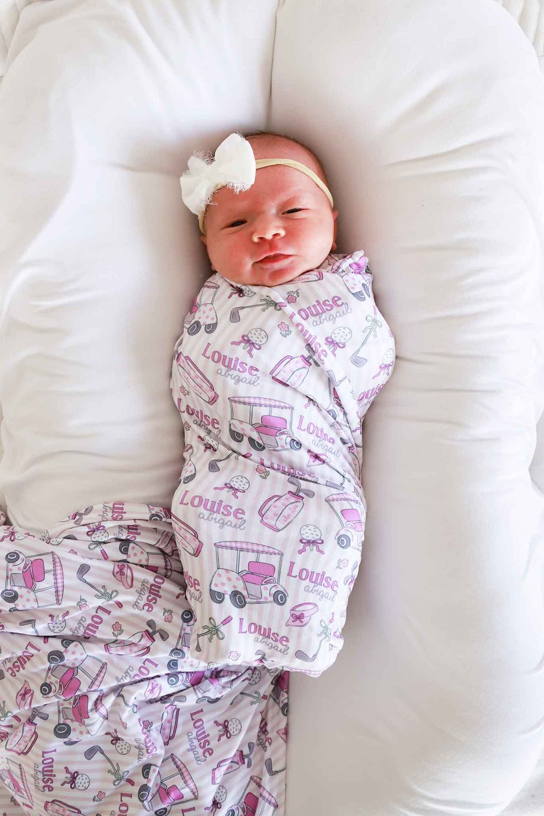golf caddie crew pink personalized swaddle blanket, styled