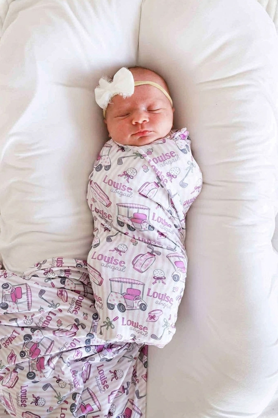 golf personalized swaddle blanket in pink, caddie crew, flat lay