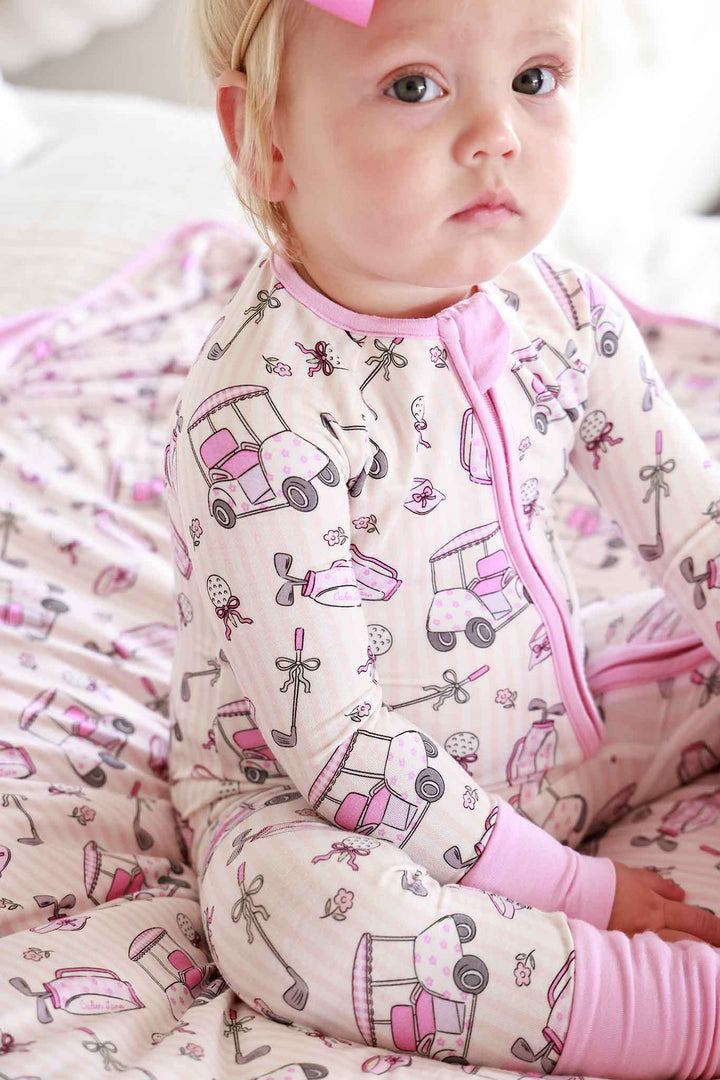 preppy pink golf print zip romper
