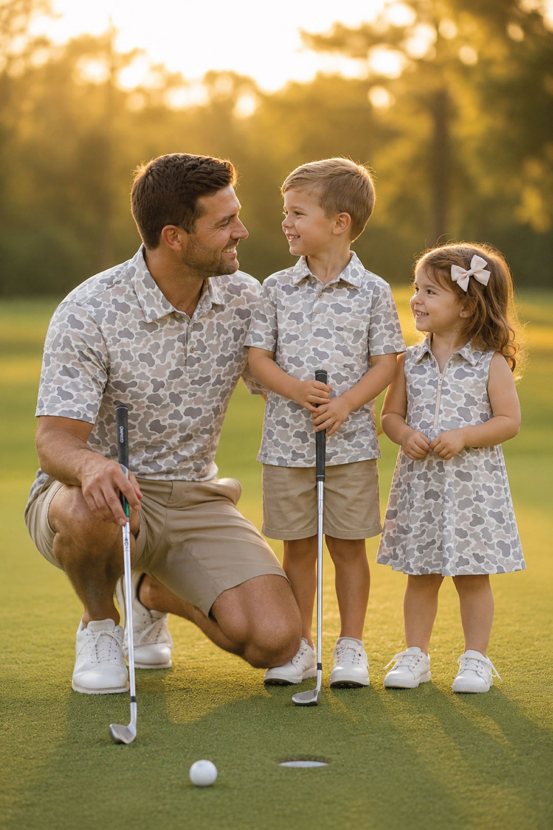 father, son and daughter camo polos and golf dressess