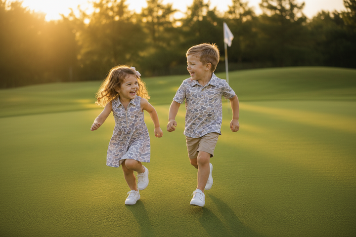 Kids running on on a golf green, wearing matching Caden Lane camo cutie golf dress and gold polo. 