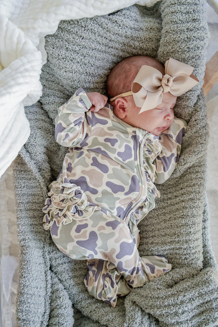 Ruffle Bamboo Zipper Footie | Camo Cutie