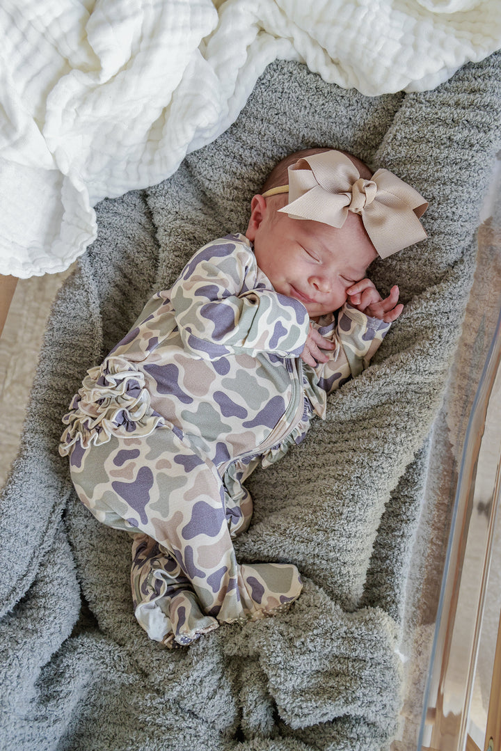 Ruffle Bamboo Zipper Footie | Camo Cutie