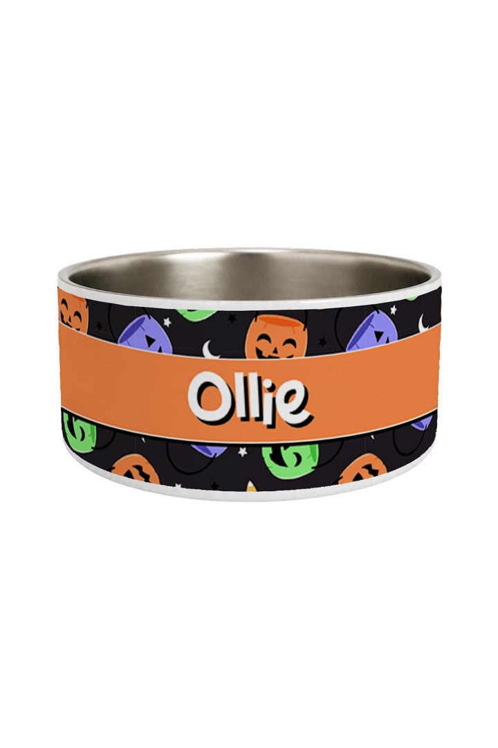 Personalized Halloween pet bowl in stainless steel with an orange band and black jack-o-lantern and candy corn print, customized with the name Ollie