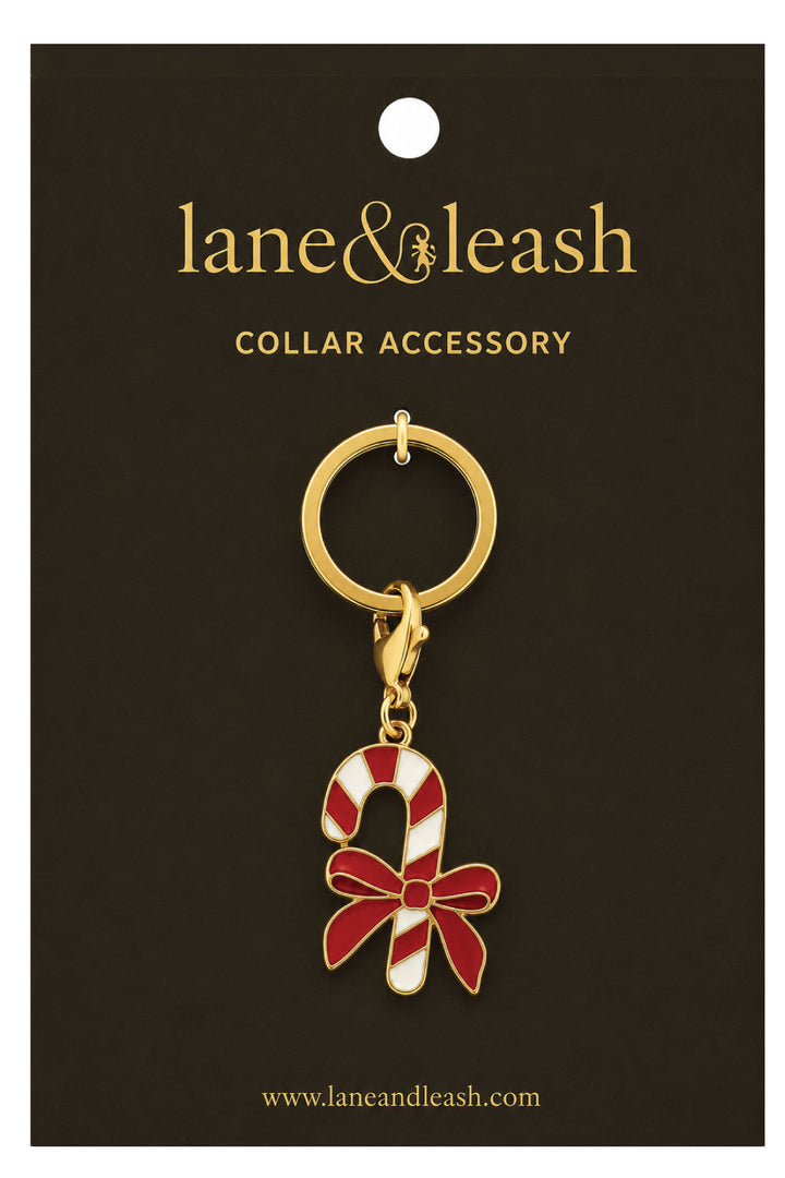 Lane & Leash candy cane bow charm collar accessory on branded packaging card, gold ring with lobster clasp and enamel candy cane charm with red bow