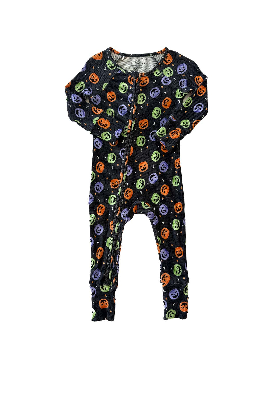 Bamboo waffle convertible zip romper in black with colorful jack-o-lantern print, laid flat with front zipper visible