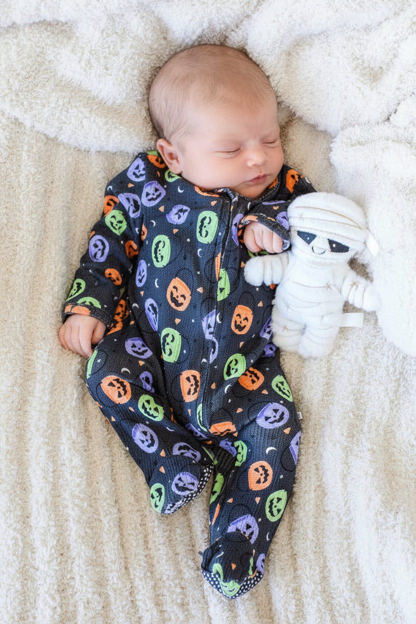 Baby lying on a fluffy blanket in a bamboo waffle zipper footie with colorful jack-o-lantern print, beside a mummy plush toy