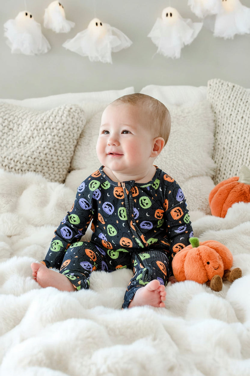 Baby sitting on a bed in a bamboo waffle romper with colorful jack-o-lantern print, beside a plush pumpkin toy, ghost lights hanging on wall behind
