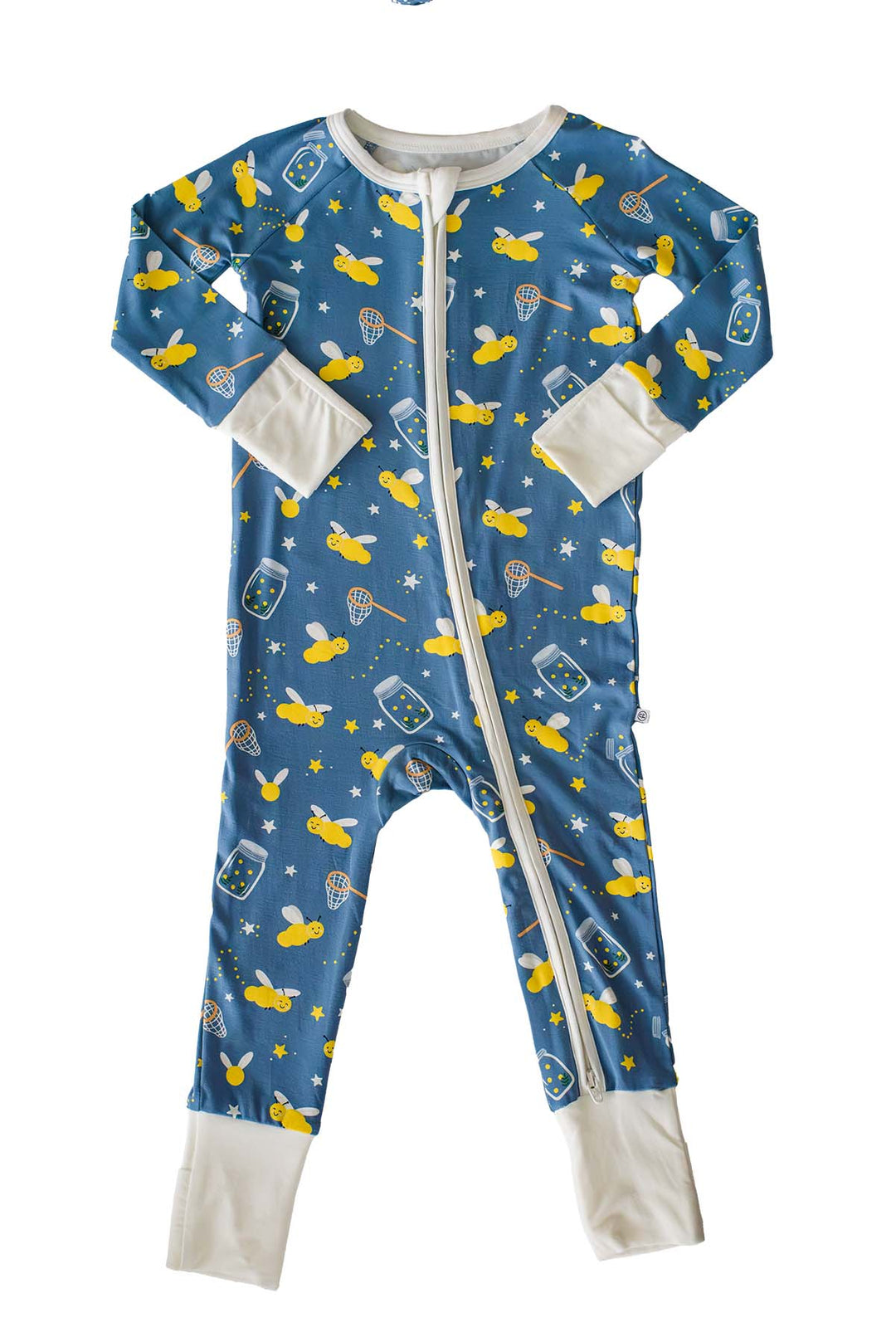 Flat lay of a Caden Lane blue convertible bamboo zip romper in a Chasing Fireflies print featuring fireflies and mason jars, with cream cuffs and footless legs.