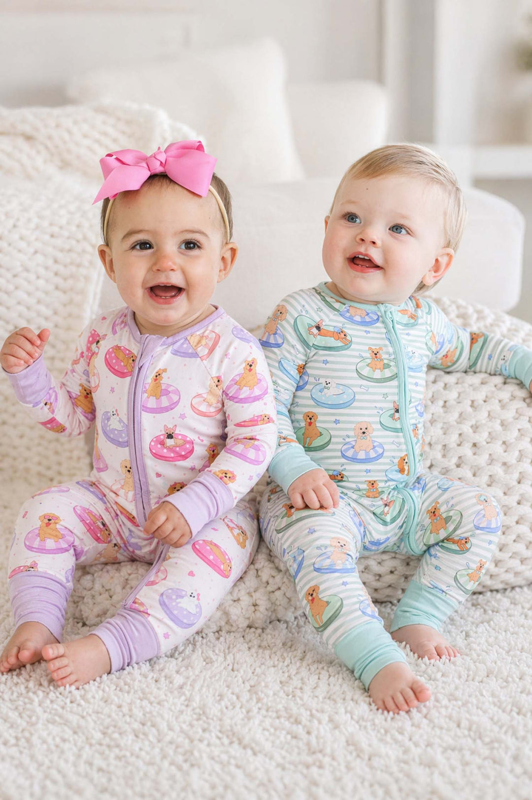 blue and pink poolside pups rompers