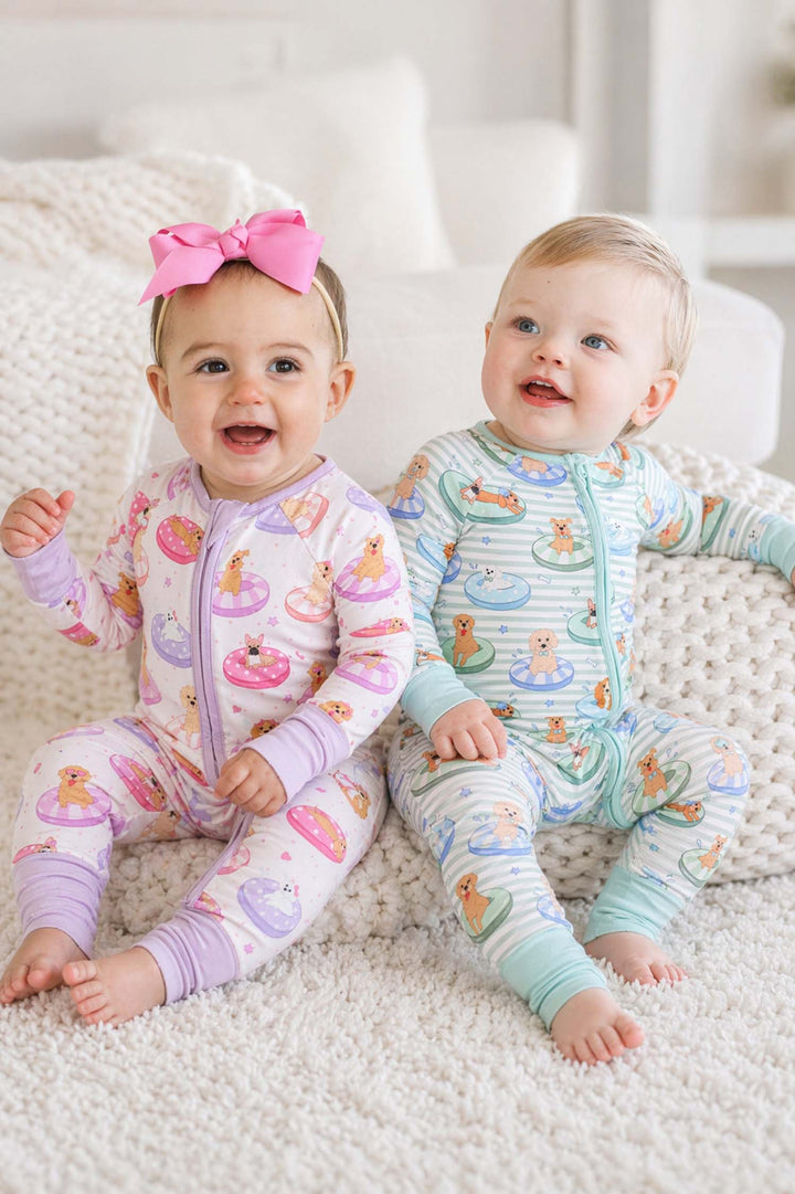 blue and pink poolside pups rompers