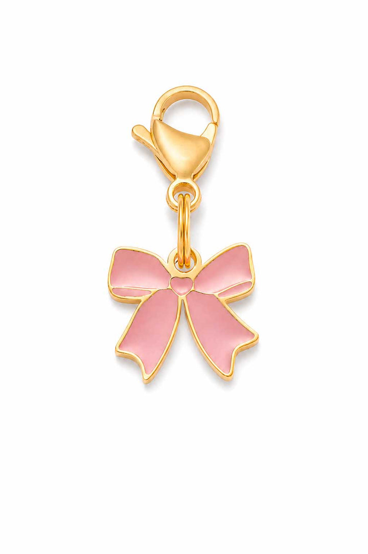 Pink enamel bow pet collar charm with gold lobster claw clasp on white background
