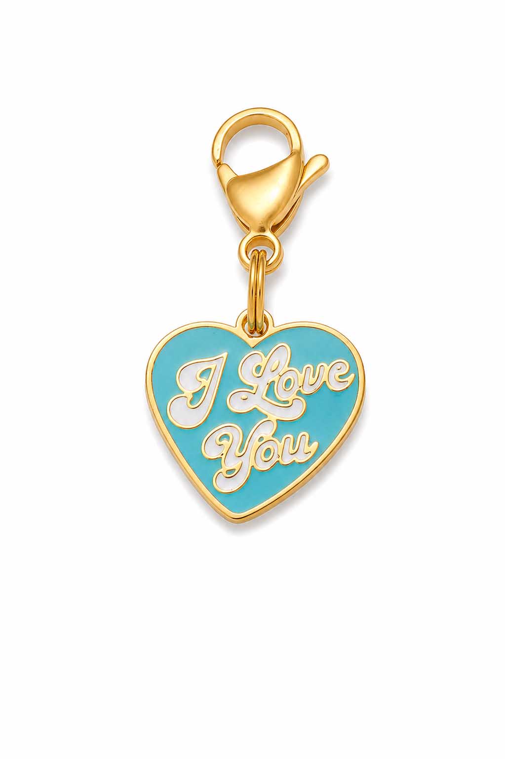 Teal enamel I Love You heart pet collar charm with gold lobster claw clasp on white background