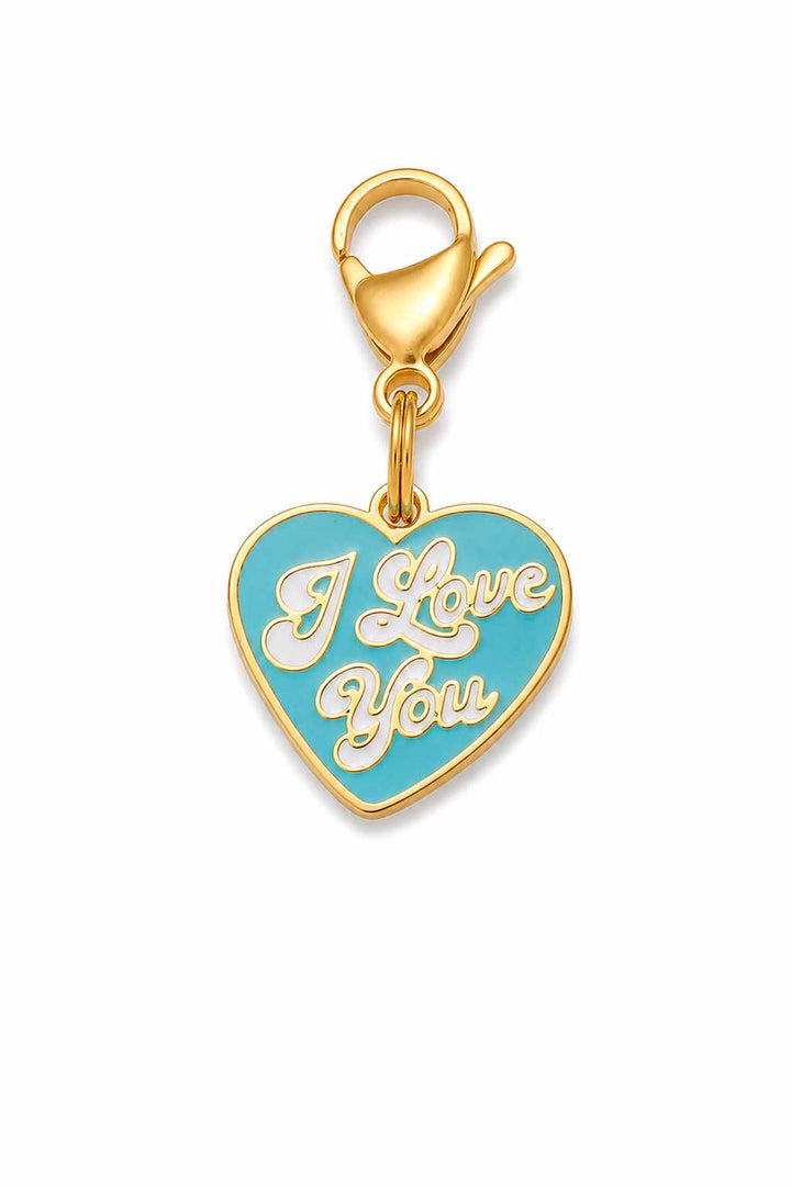 Teal enamel heart-shaped pet collar charm with gold "I Love You" script lettering and gold lobster claw clasp on white background