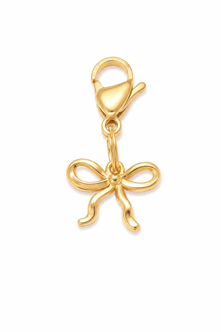 Gold bow pet collar charm with gold lobster claw clasp on white background