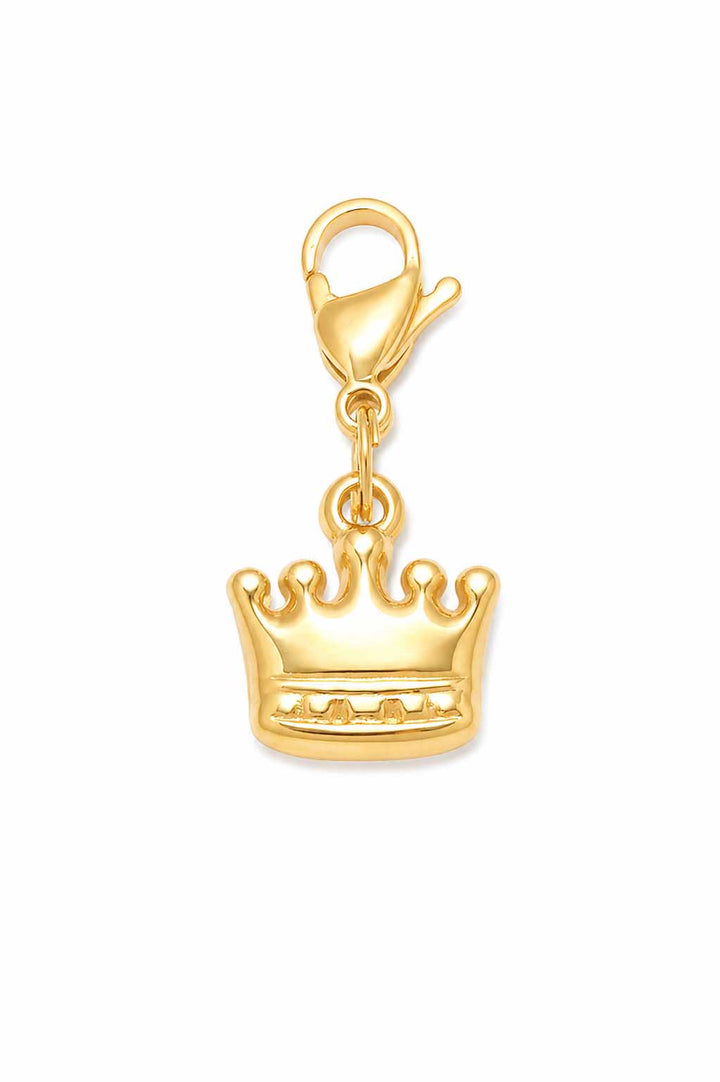 Gold crown pet collar charm with lobster claw clasp on white background