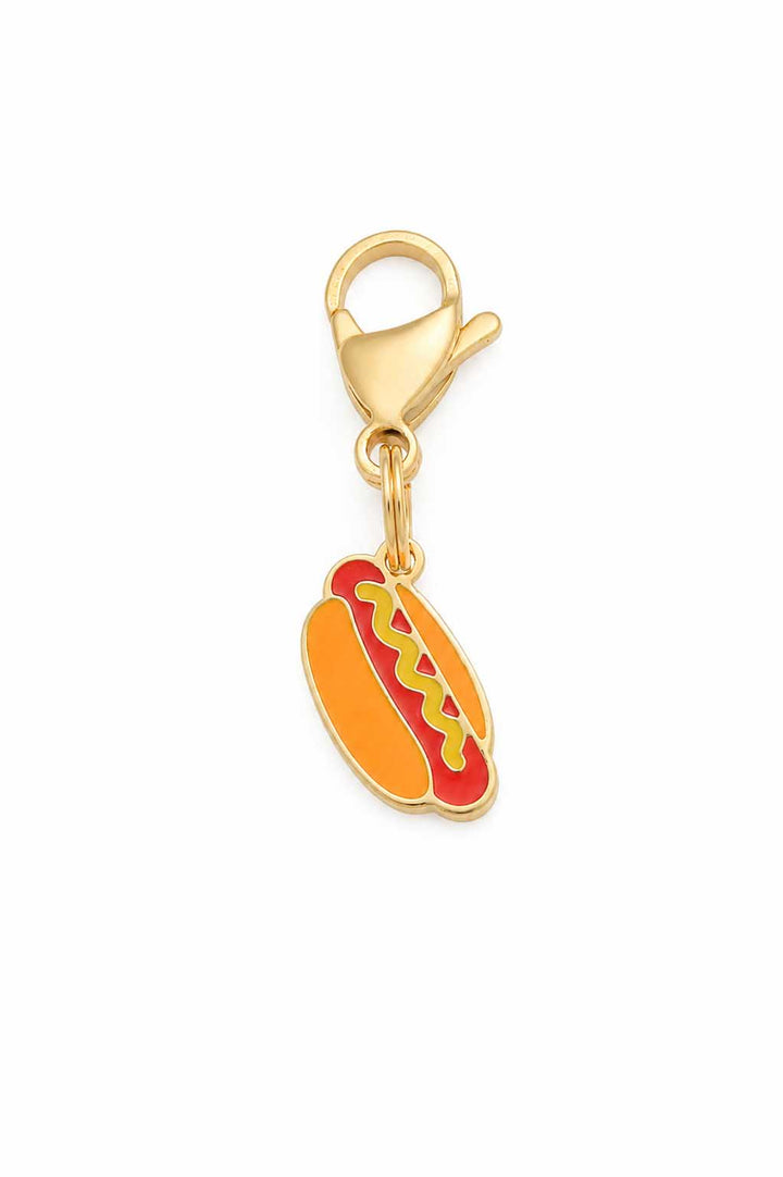 Orange and red enamel hot dog pet collar charm with mustard and ketchup, gold lobster claw clasp on white background