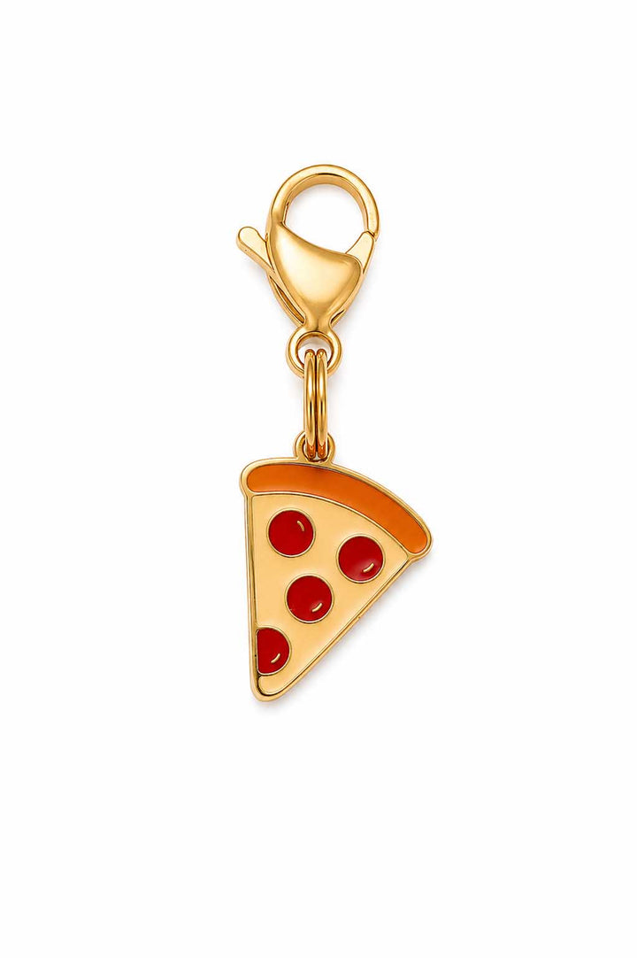 Pepperoni pizza slice enamel pet collar charm with gold lobster claw clasp on white background