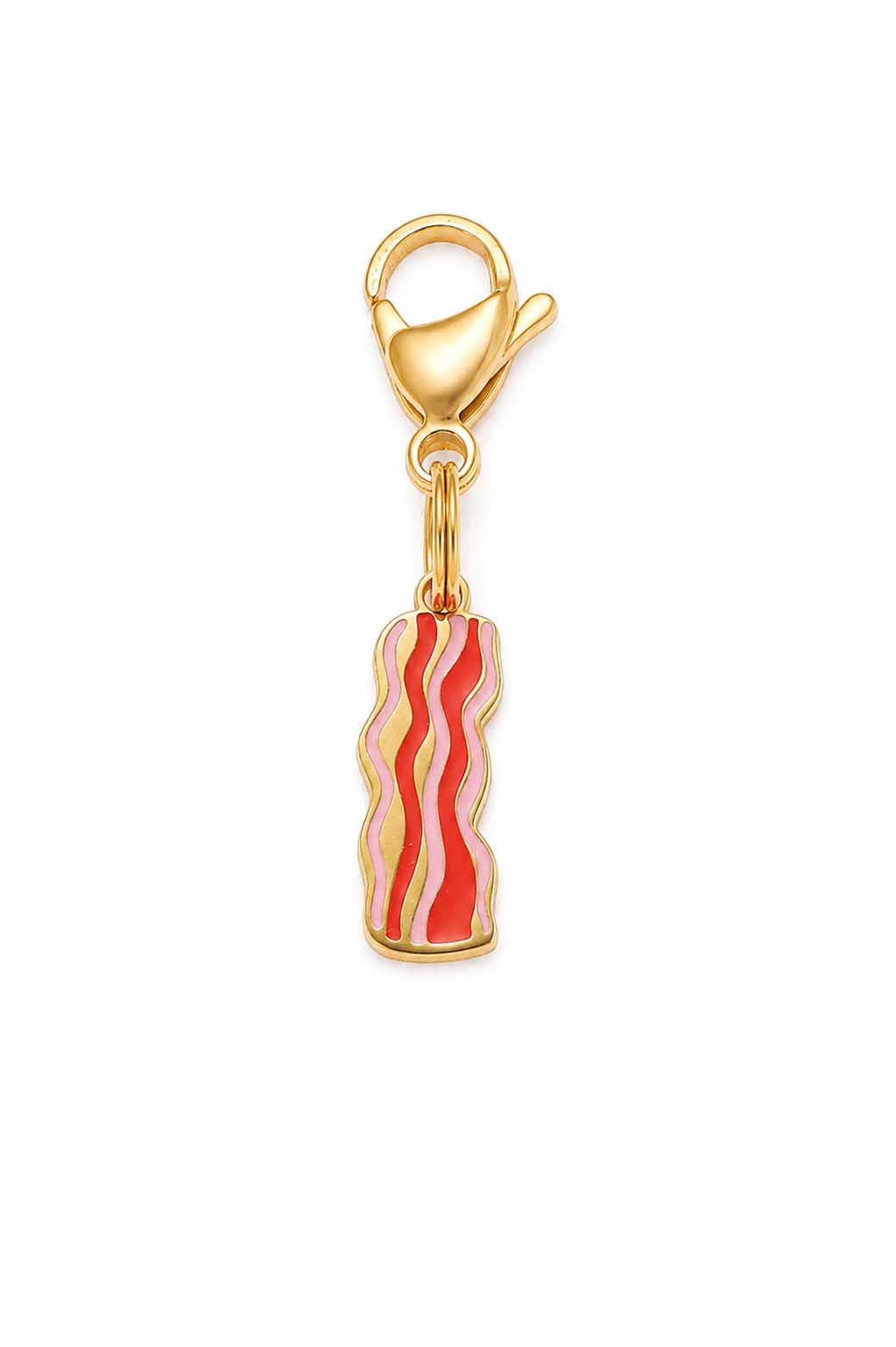 Bacon strips enamel pet collar charm with pink and red wavy design, gold lobster claw clasp on white background