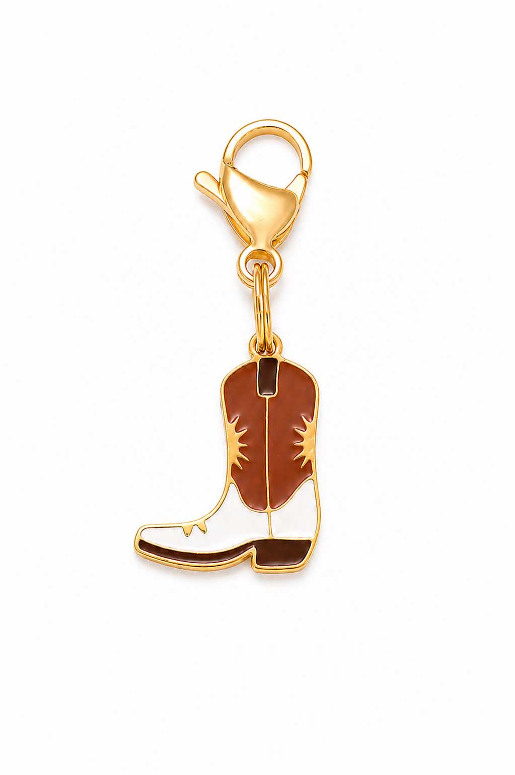 Brown and white enamel cowboy boot pet collar charm with gold lobster claw clasp on white background