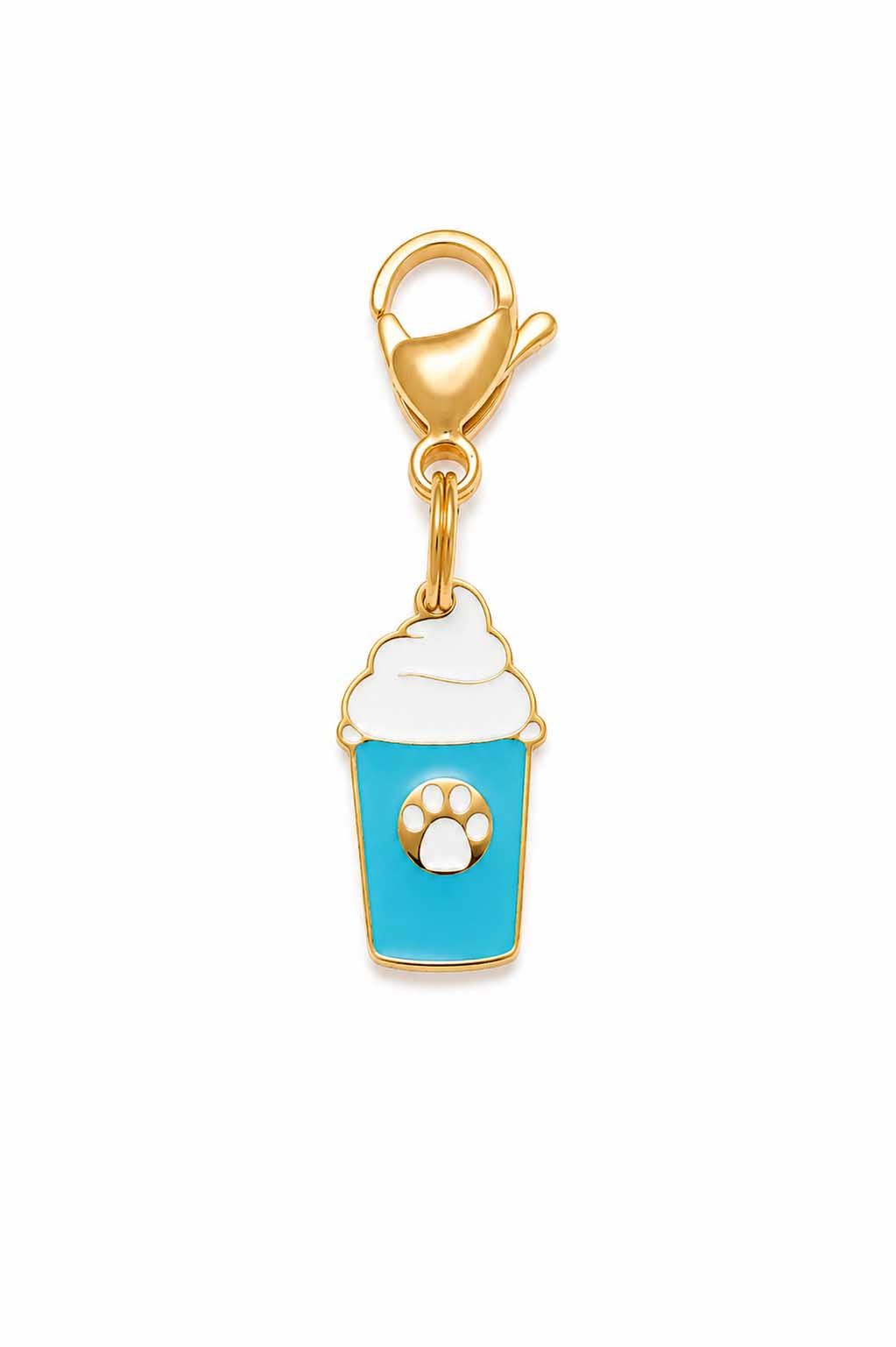 Teal blue pup cup pet collar charm with paw print, whipped cream, and gold lobster claw clasp on white background