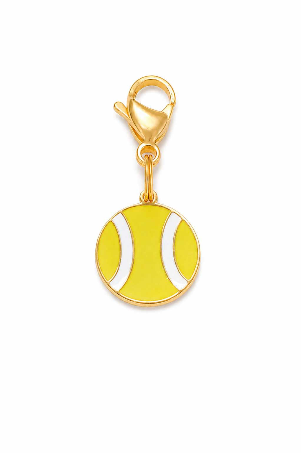 Yellow enamel tennis ball pet collar charm with gold lobster claw clasp on white background