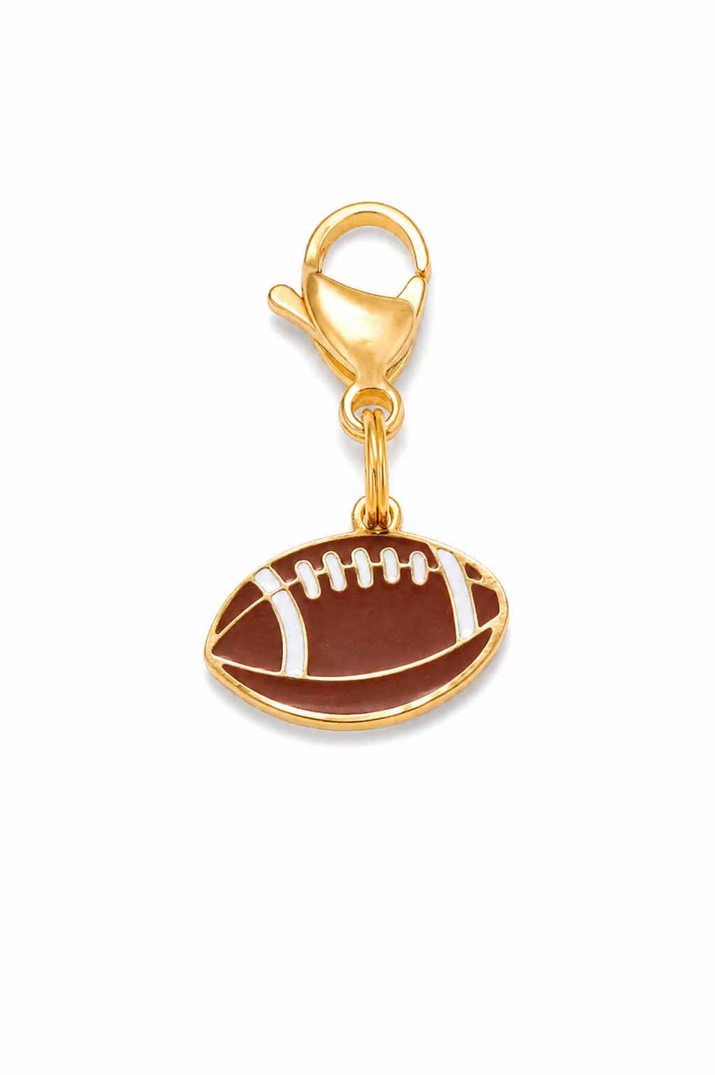 Brown enamel football pet collar charm with gold lobster claw clasp on white background