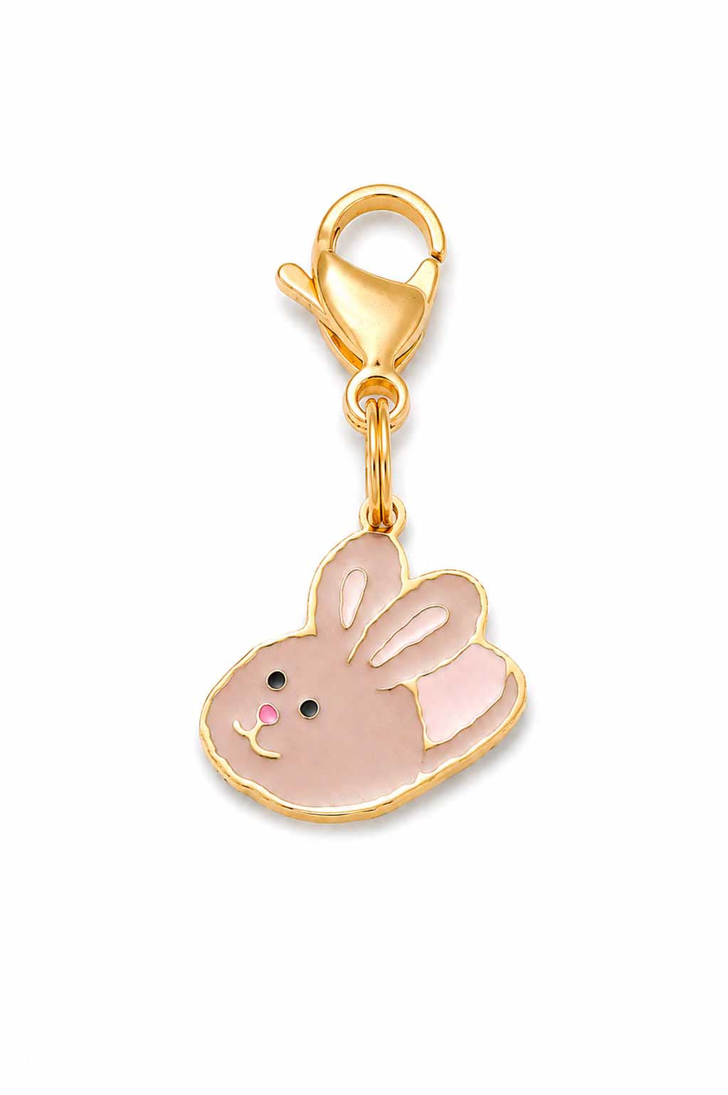 Pink enamel bunny slipper pet collar charm with gold lobster claw clasp on white background