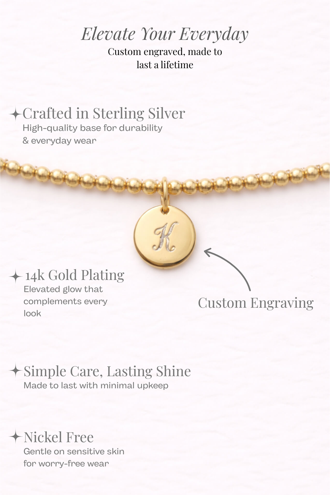 Engraved Circle Charm Beaded Bracelet