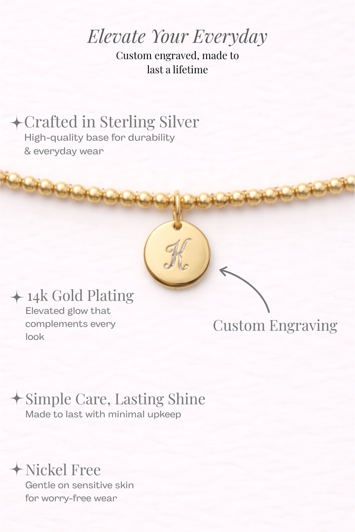 Engraved Circle Charm Beaded Bracelet