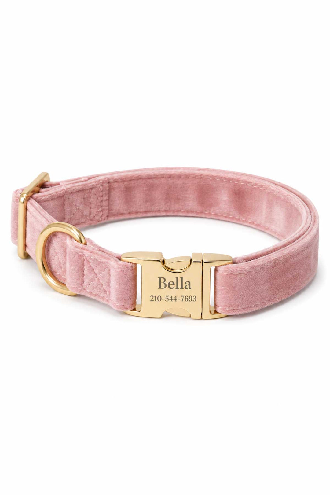 Personalized Caden Lane ballet slipper pink velvet dog collar with custom name and phone number engraved on gold buckle plate